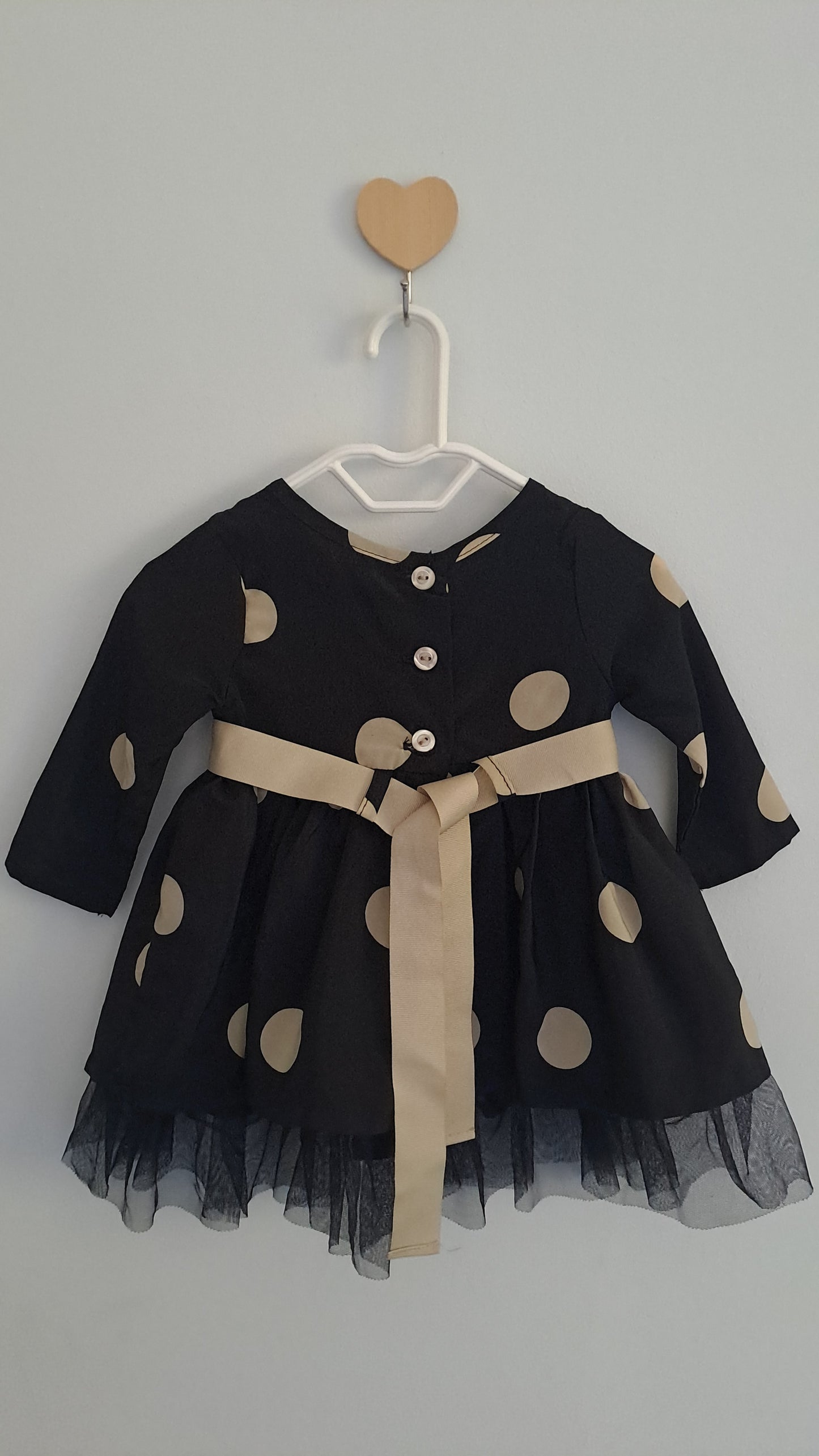 Ackermans Black & Beige Polkadot Long Sleeve Dress 0-3 Months