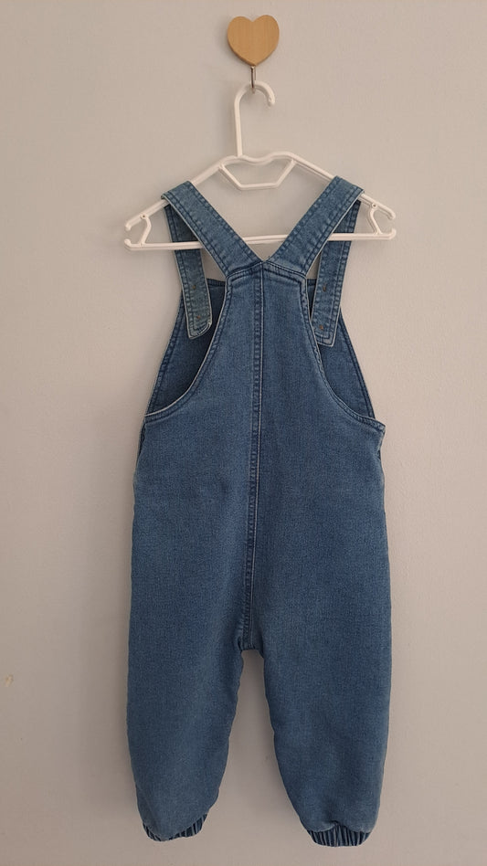 Clicks Denim Dungarees with White Bear Face Wooden Buttons 12-18 Months
