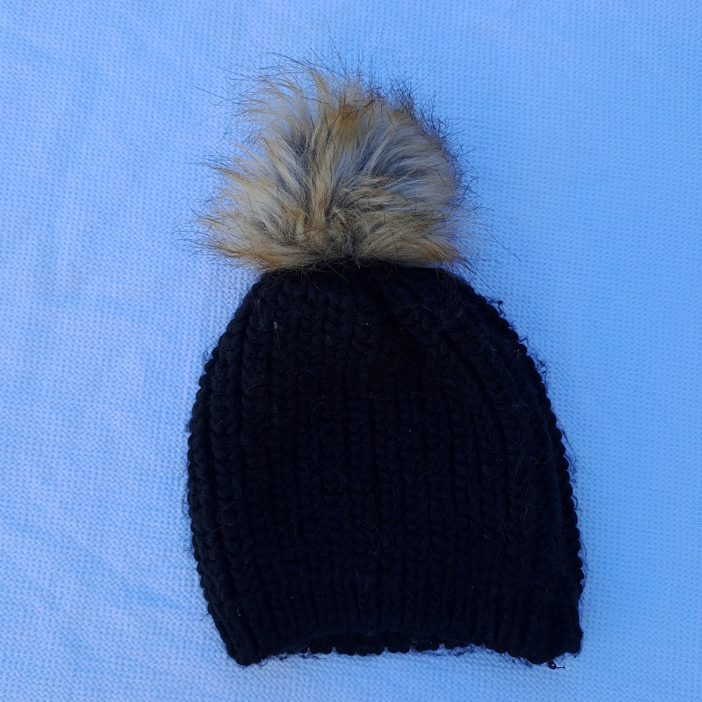 Black Ribbed Knit Beanie with Faux-Fur Pom-Pom 12 Months - 3 Years