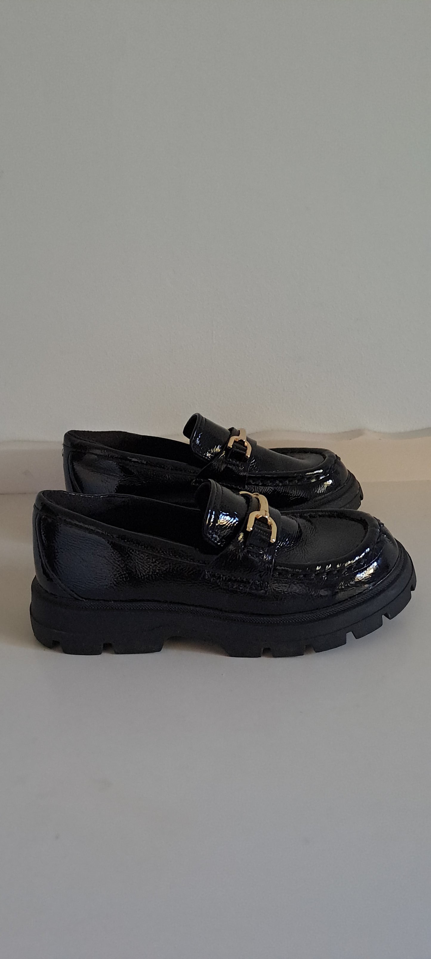 Zara Kids Black Patent Chunky Loafers with Gold Horsebit Detail Size 27 / UK 9