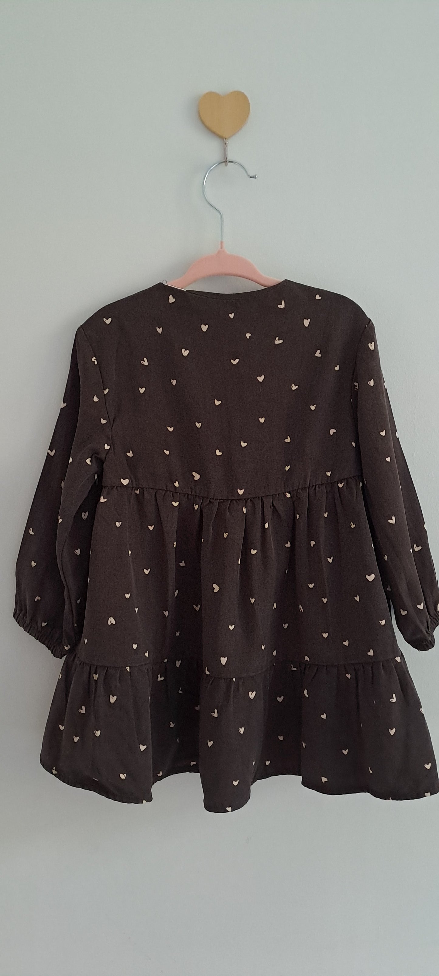 Zara Baby Girl Dark Brown Heart Print Tiered Dress 18-24 Months