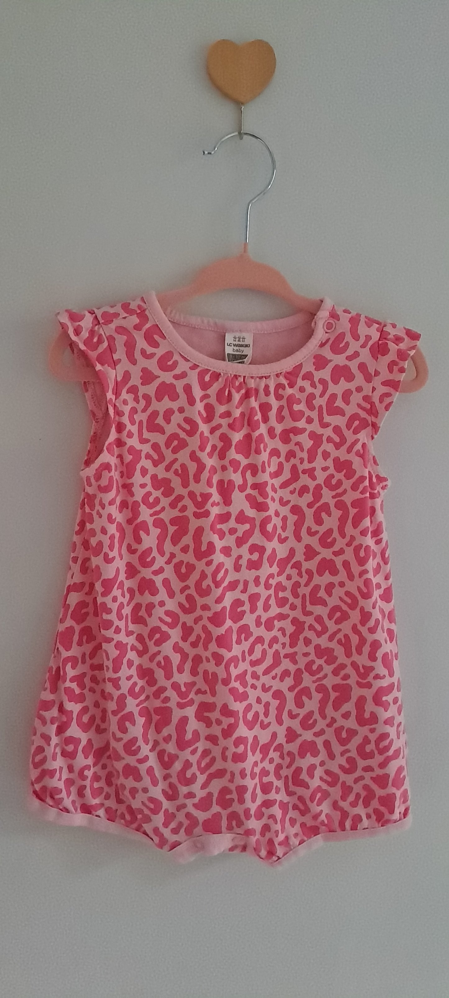 LC Waikiki Pink Leopard Print Romper – Ruffle Sleeves 9-12 Months