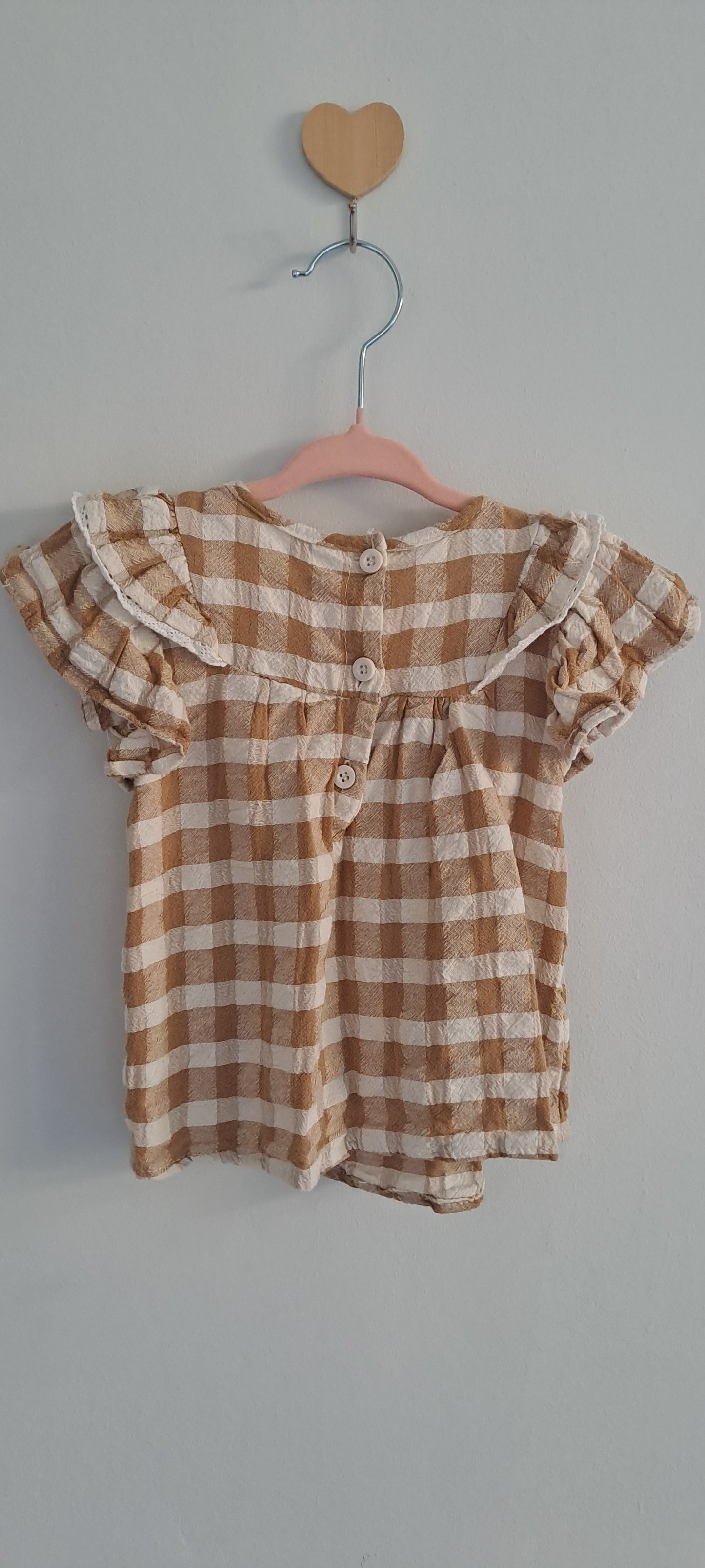 Caramel Gingham Smocked Textured Cotton Baby Dress with Scallop Lace Trim 12-18 Months