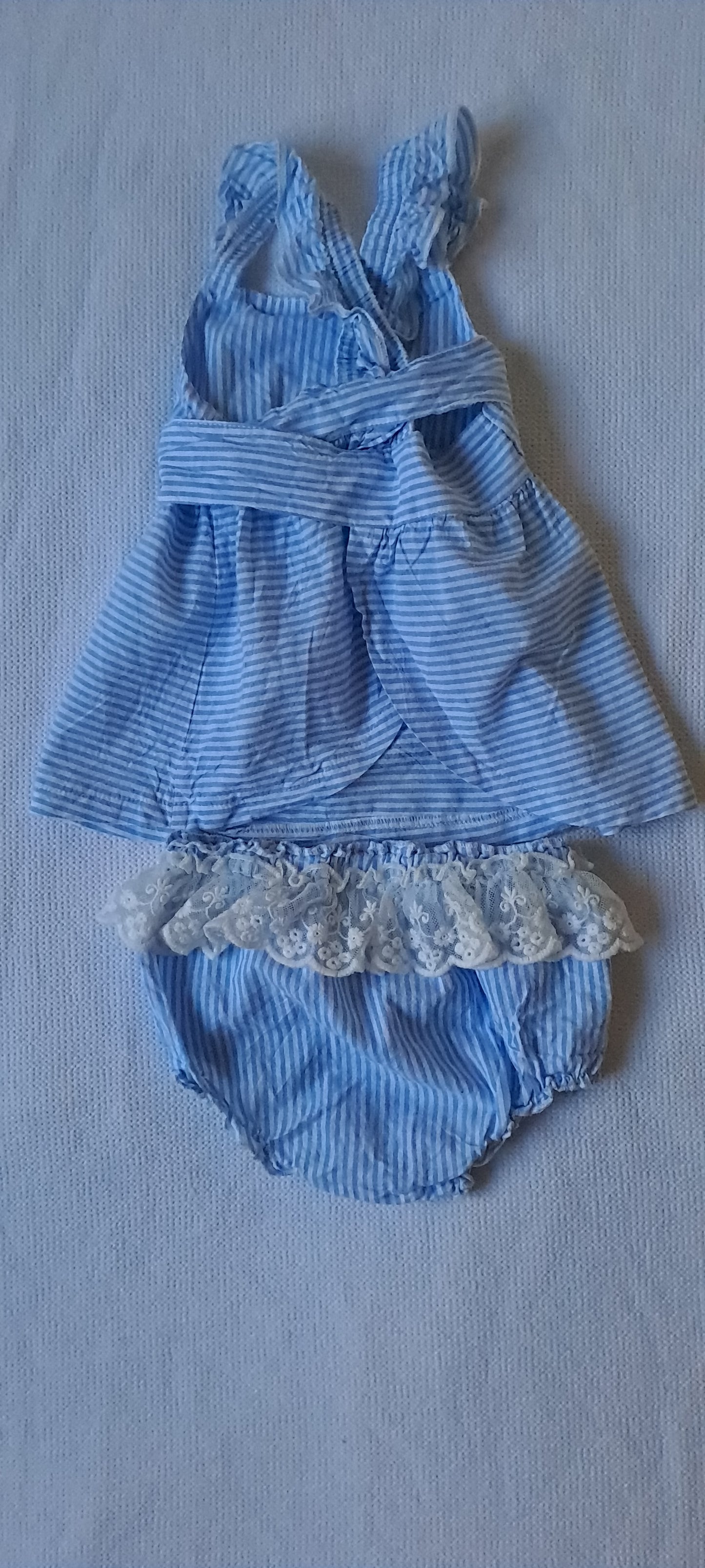 Baby Girl Blue Striped Ruffle Dress & Lace Bloomer Set 12-18 Months