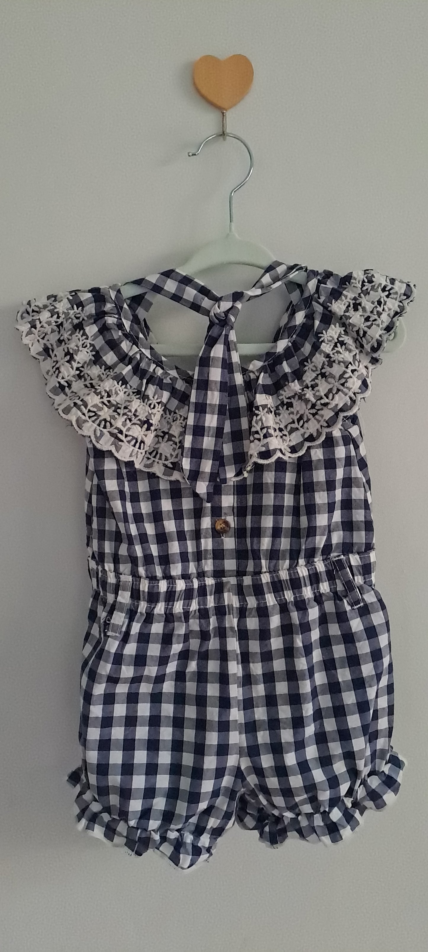 Boutique Navy & White Gingham Halterneck Romper with Eyelet Lace Collar 12-18 Months