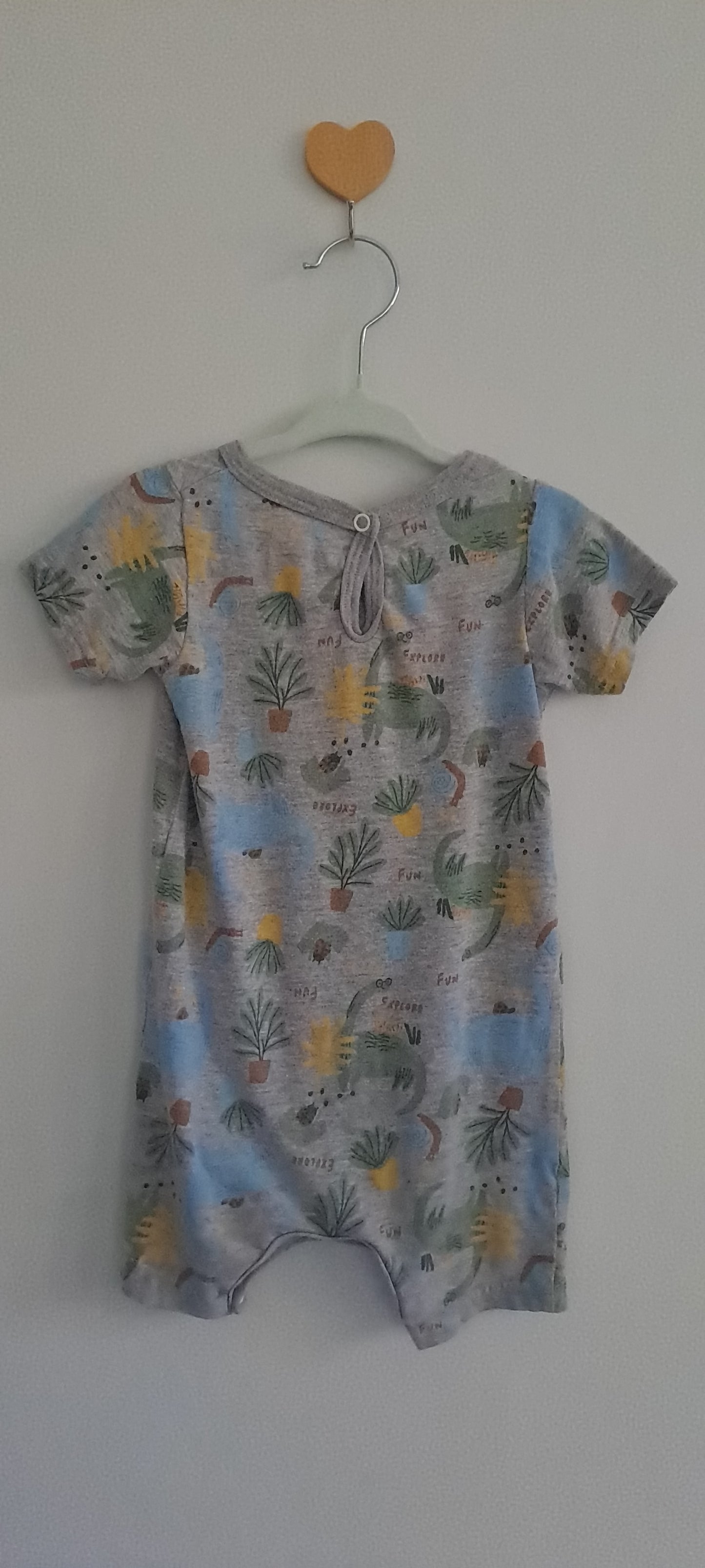 Tiny Tots Grey Marl "Explore Fun" Dinosaur All-Over Print Romper 12-18 Months
