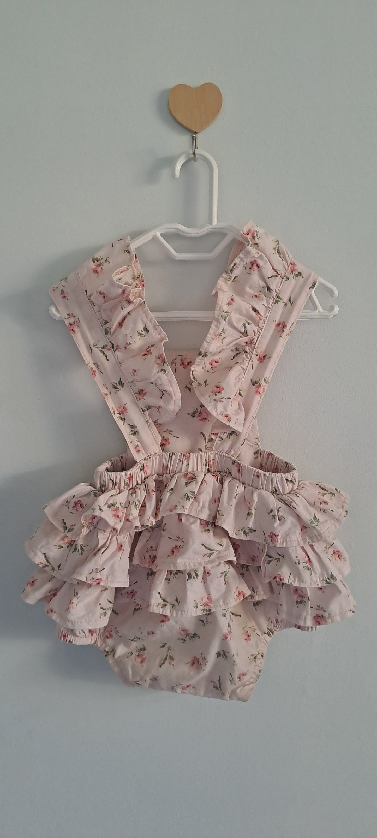 Tiny Necessities Baby Girls Pink Floral Ruffle Dungaree Romper 12-18 Months