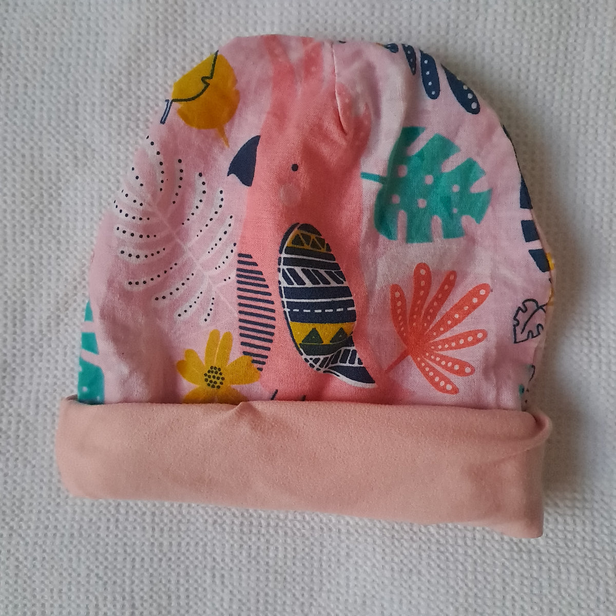 Baby Girl Pink Tropical Bird & Monstera Leaf Cotton Beanie Hat 3-6 Months
