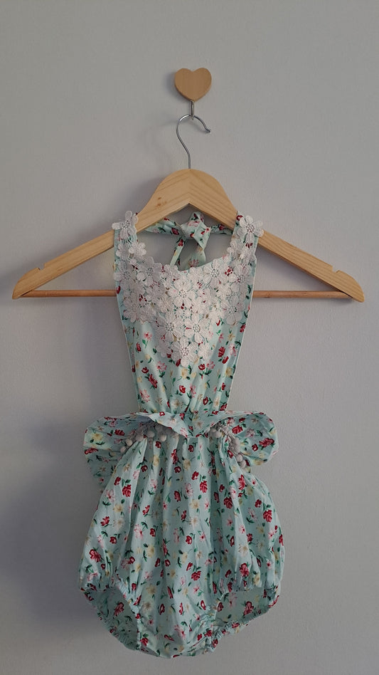 Sunsuit With Vintage Floral Pattern And Lace No Label 6-12 Months