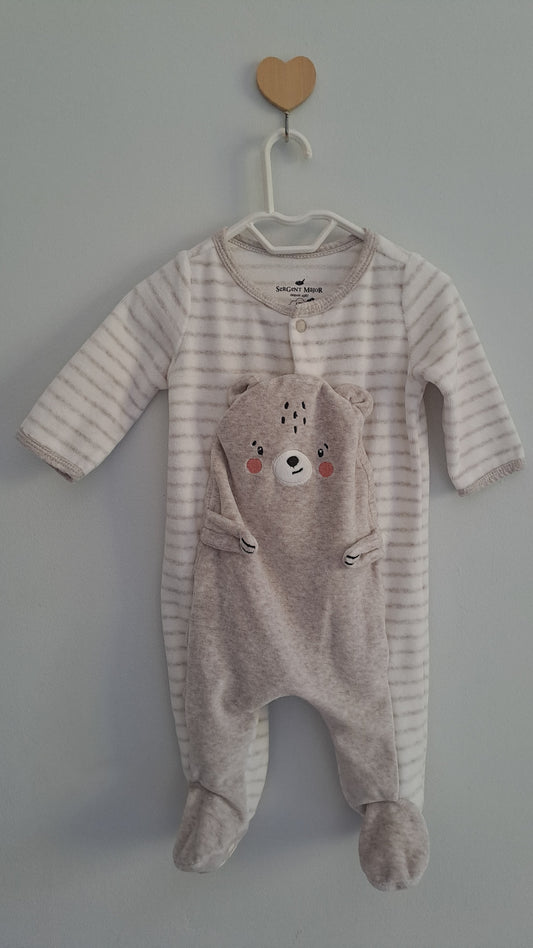 Sergent Major Cozy Gray Striped Footies with Bear Appliqué 0-3 Months