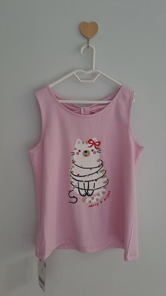 Girls Pink "Merry & Bright" Cat Festive Lights Tank Top – Woolworths (Age 8-9) – New with Tags