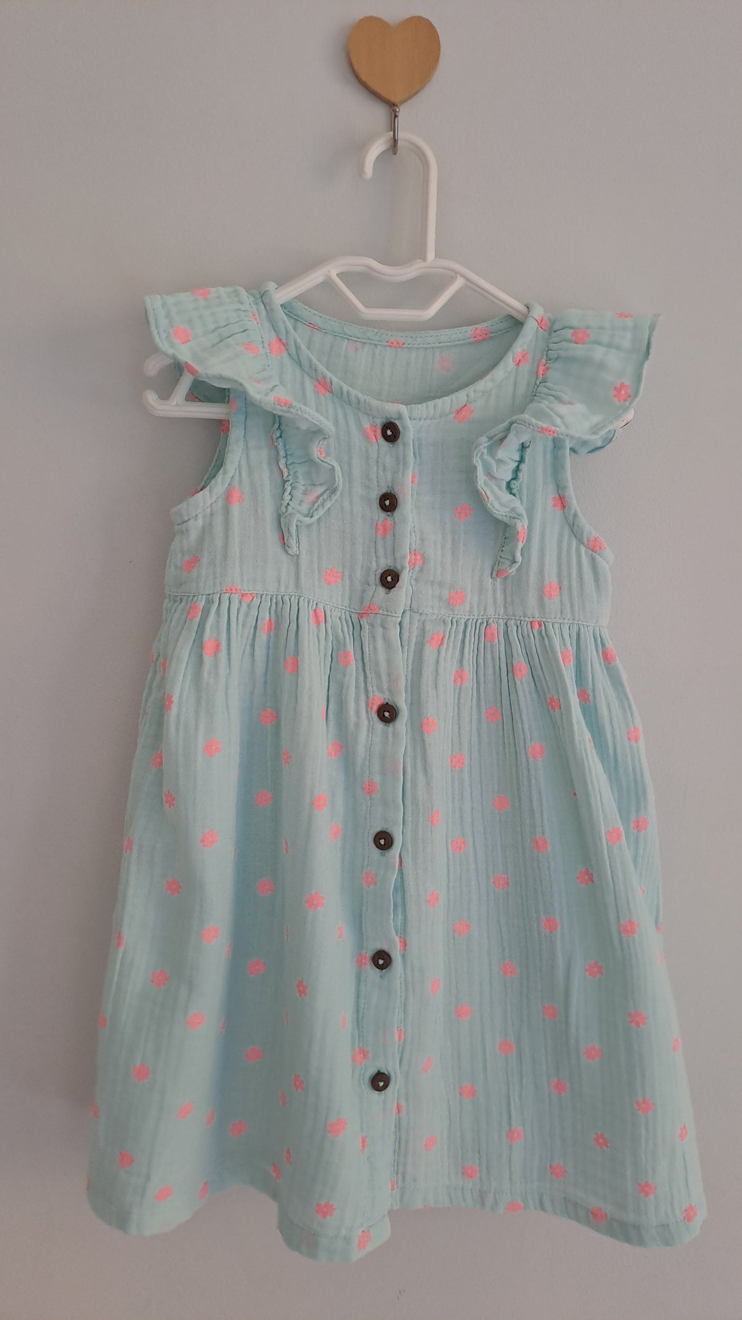 Woolworths Light Blue Muslin Dress with Neon Pink Flowers & Wooden Buttons 18-24 Months