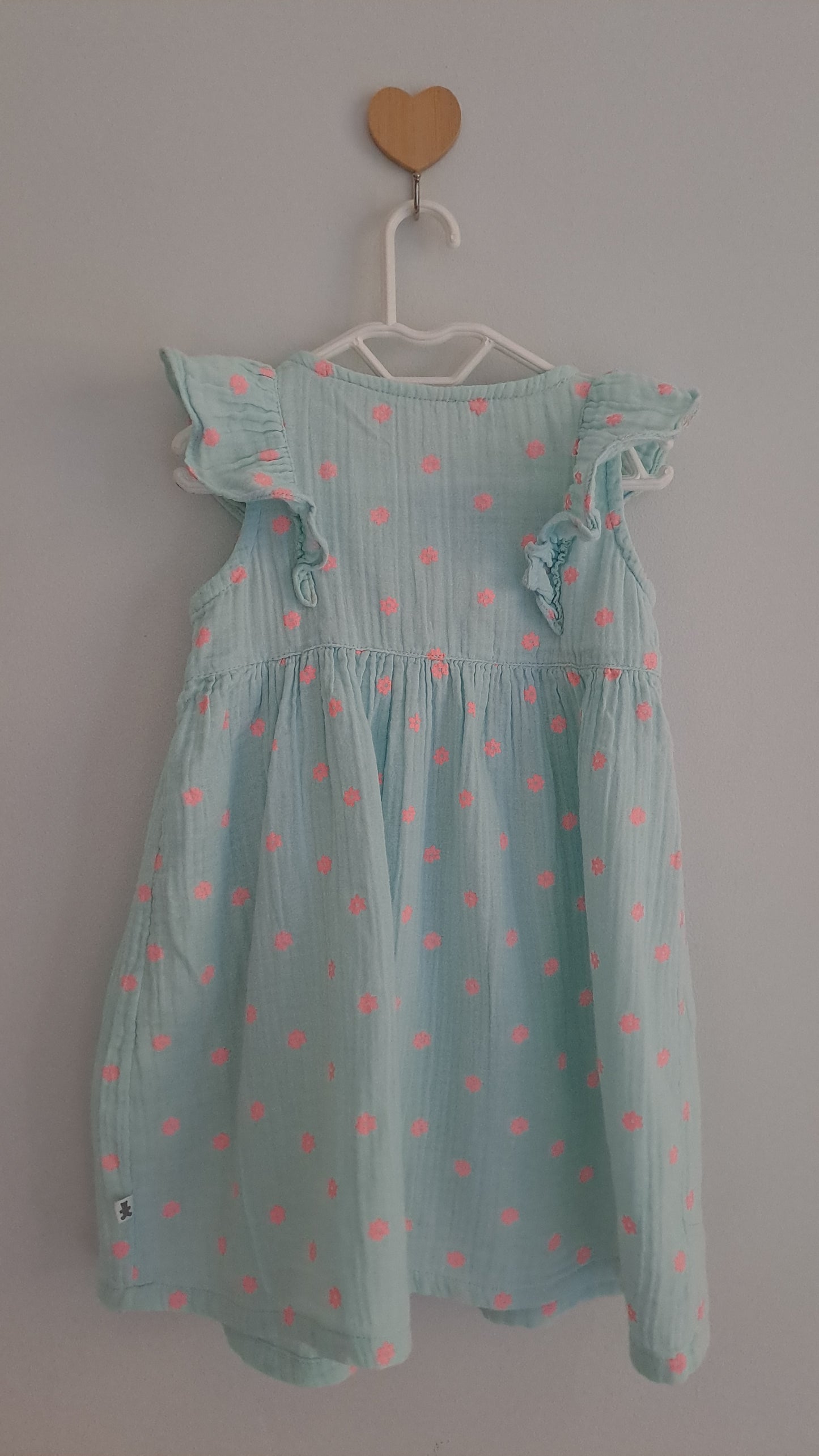 Woolworths Light Blue Muslin Dress with Neon Pink Flowers & Wooden Buttons 18-24 Months