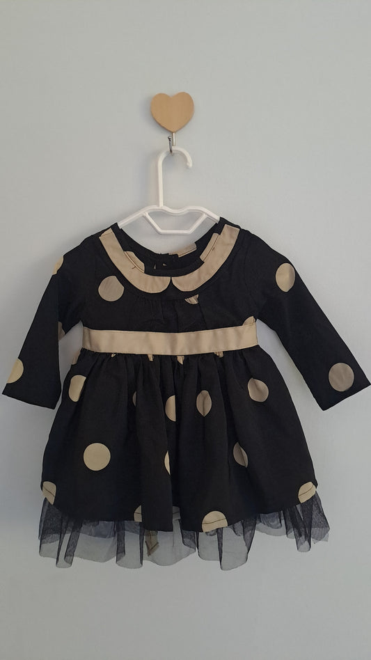 Ackermans Black & Beige Polkadot Long Sleeve Dress 0-3 Months