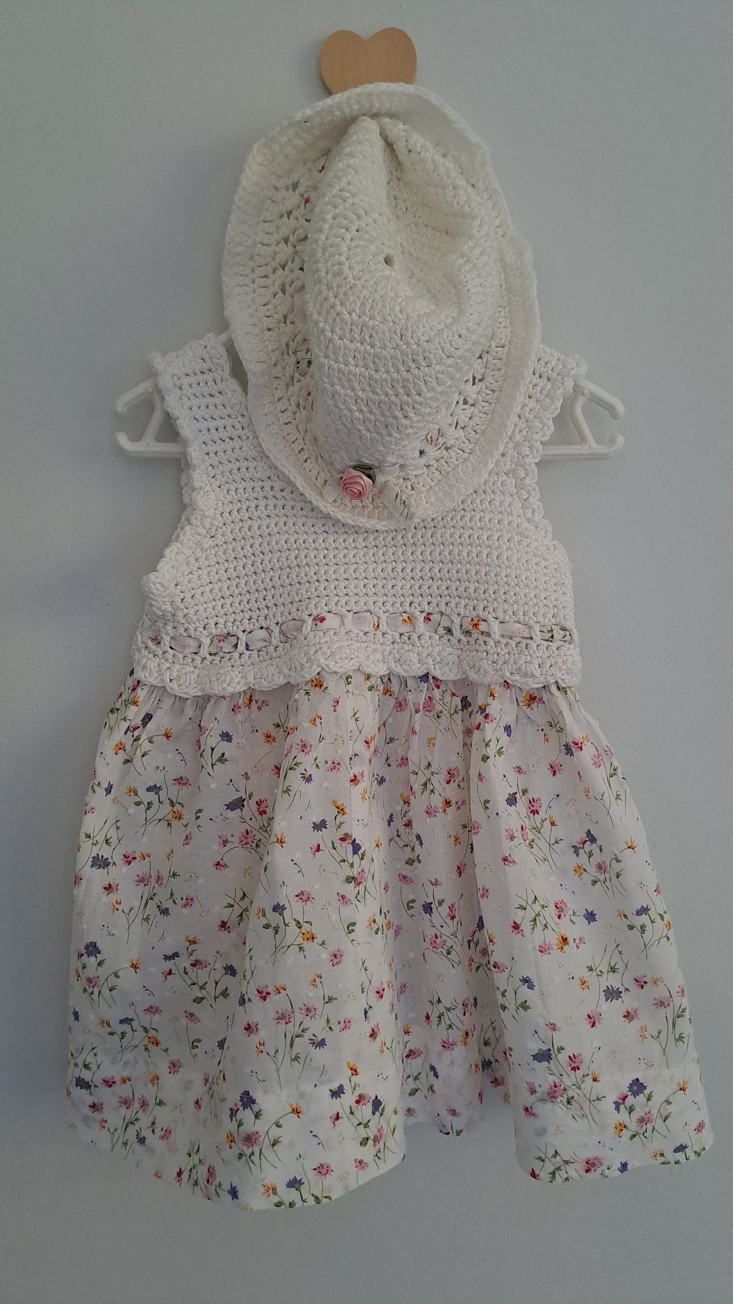 Handmade Crochet Top & Hat with Floral Skirt Set 6-12 Months