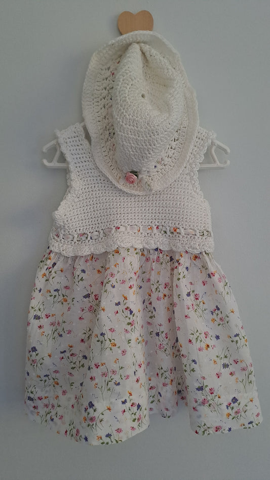 Handmade Crochet Top & Hat with Floral Skirt Set 6-12 Months