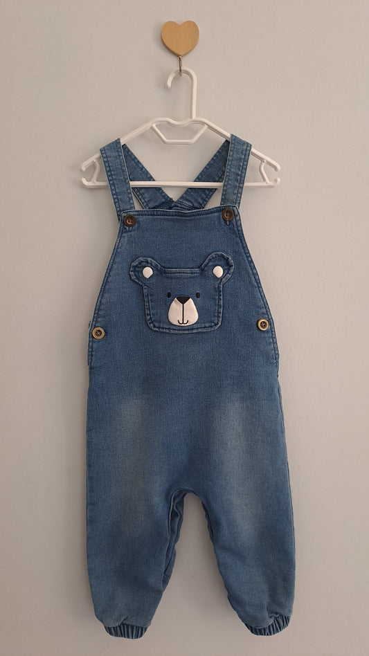 Clicks Denim Dungarees with White Bear Face Wooden Buttons 12-18 Months