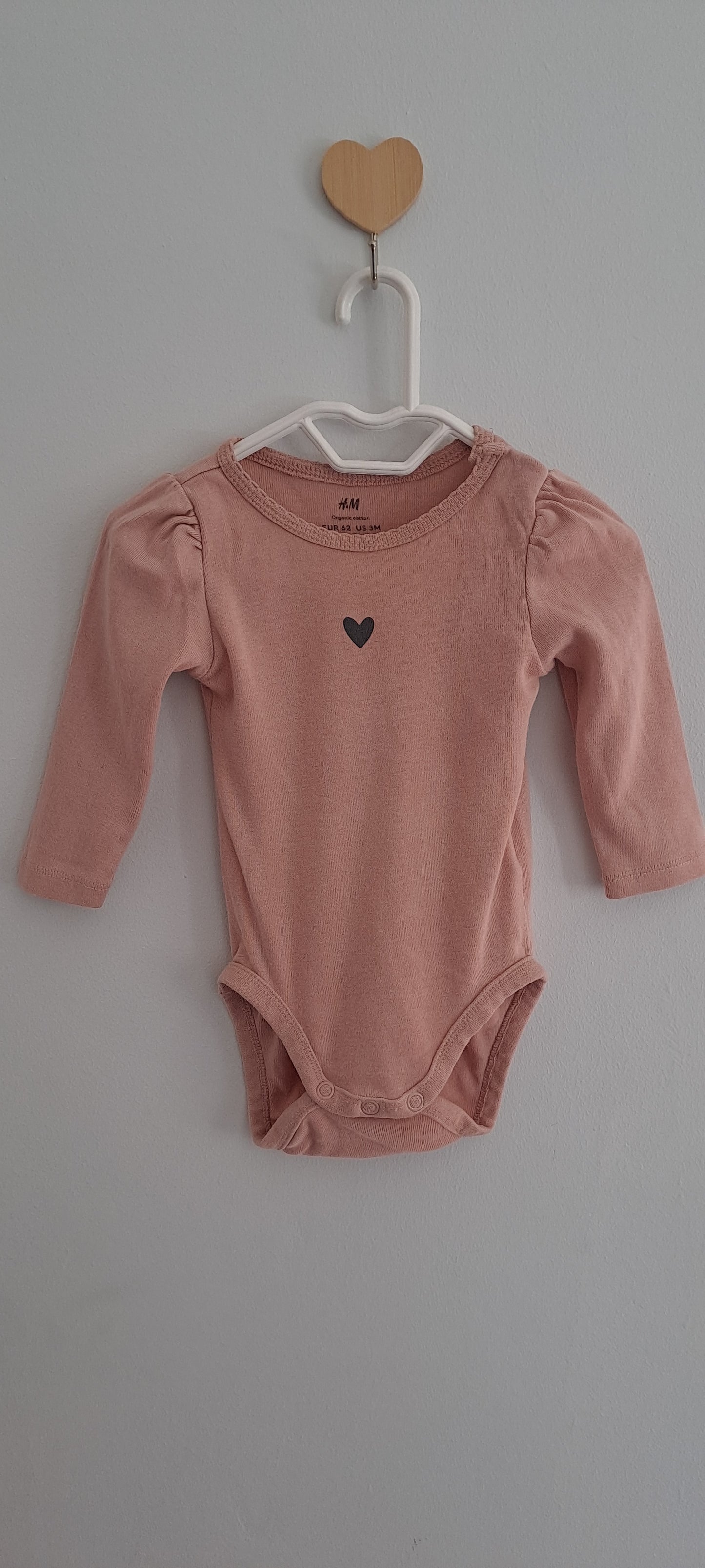 H&M Light Pink Lace Collar Heart Print Long Sleeve Bodysuit 2-4 Months