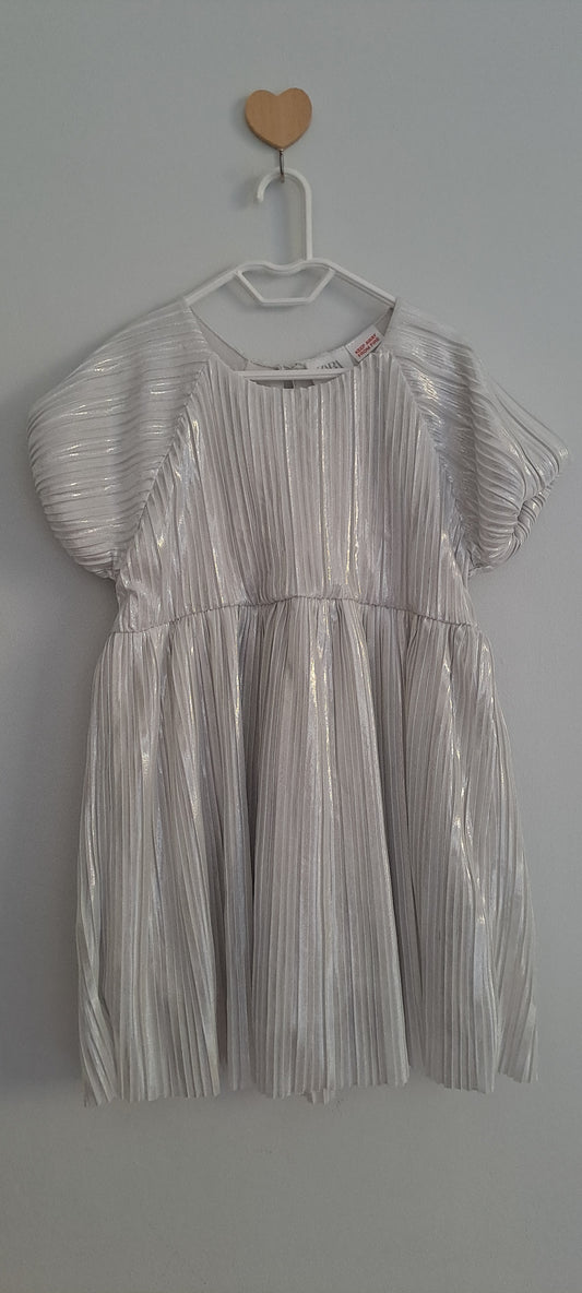 Zara Kids Metallic Silver Pleated Party Dress 4-5 Years