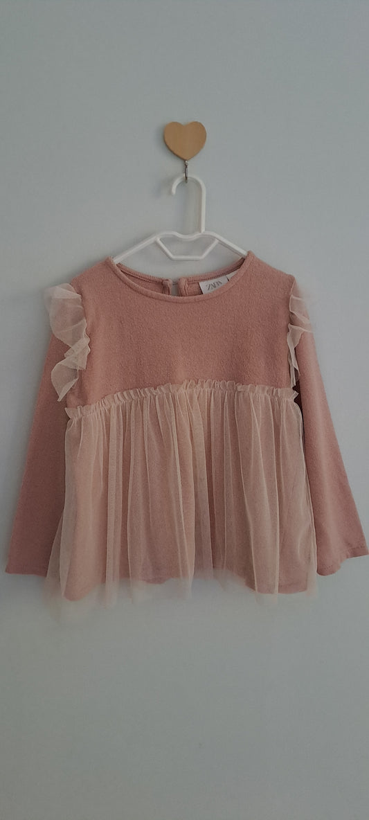 Zara Kids Pink Textured Tulle Peplum Top 2-3 Years