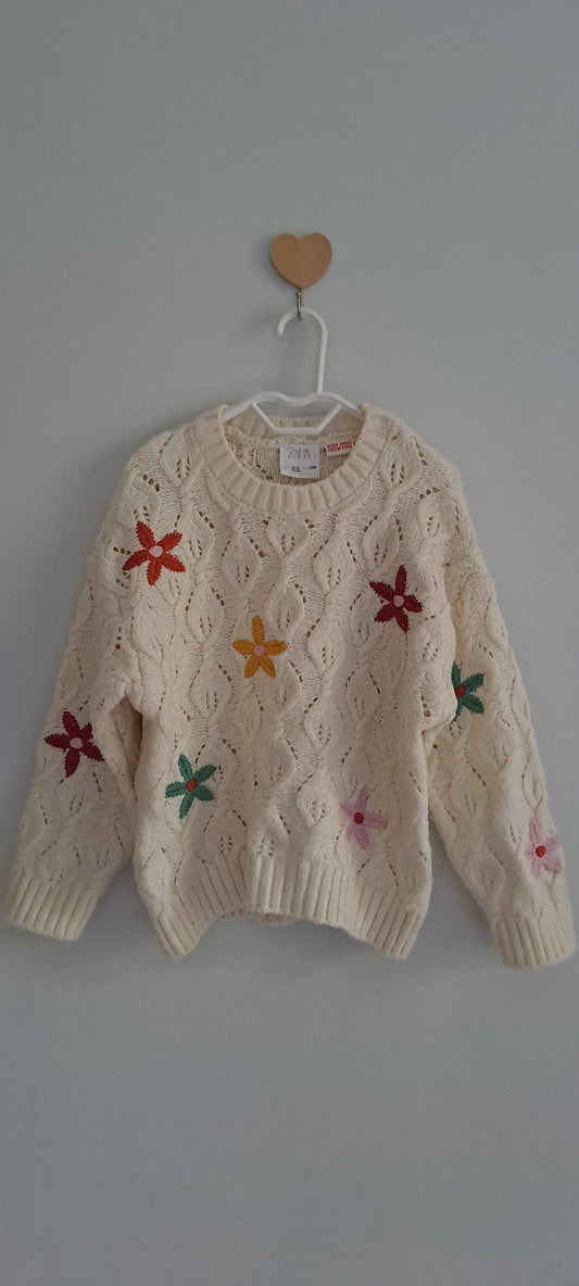 Zara Kids Cream Cable Knit Embroidered Flower Jumper 3-4 Years