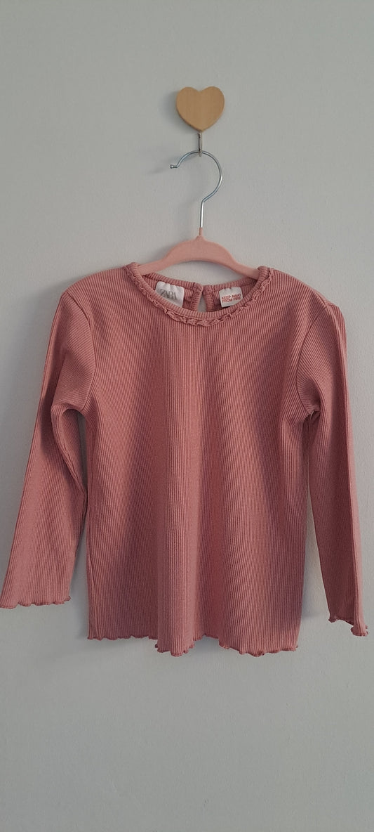 Zara Baby Girls Rose Pink Ribbed Ruffle-Neck Top 2-3 Years