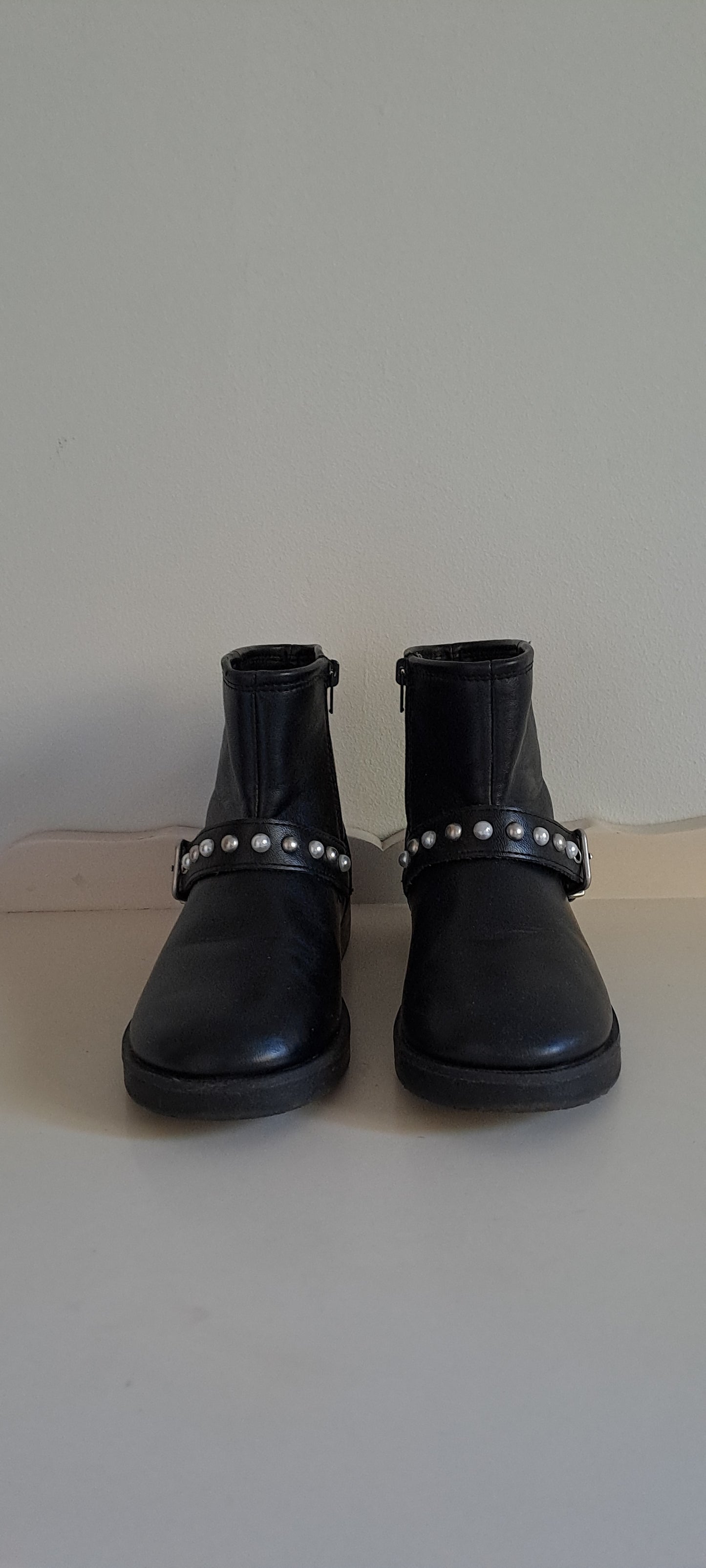 Zara Kids Black Leather-Look Biker Boots with Pearl and Buckle Detail Size 29 / UK 11