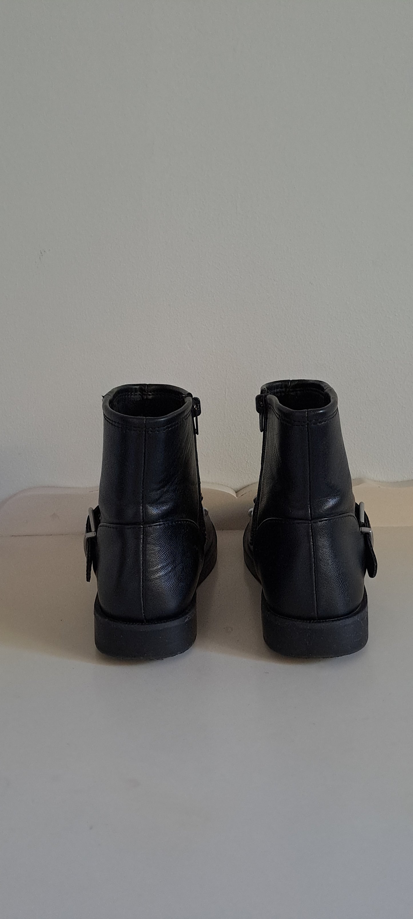 Zara Kids Black Leather-Look Biker Boots with Pearl and Buckle Detail Size 29 / UK 11