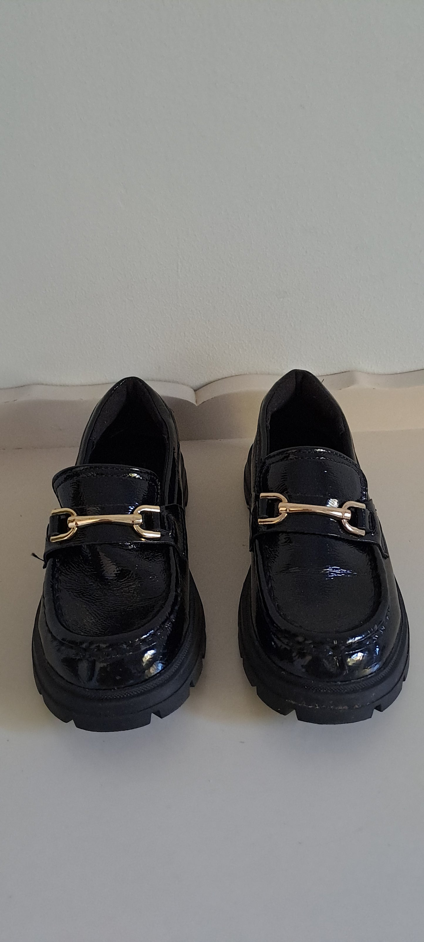 Zara Kids Black Patent Chunky Loafers with Gold Horsebit Detail Size 27 / UK 9