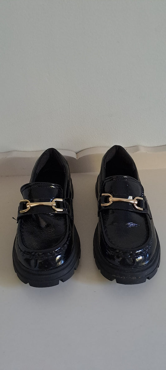 Zara Kids Black Patent Chunky Loafers with Gold Horsebit Detail Size 27 / UK 9