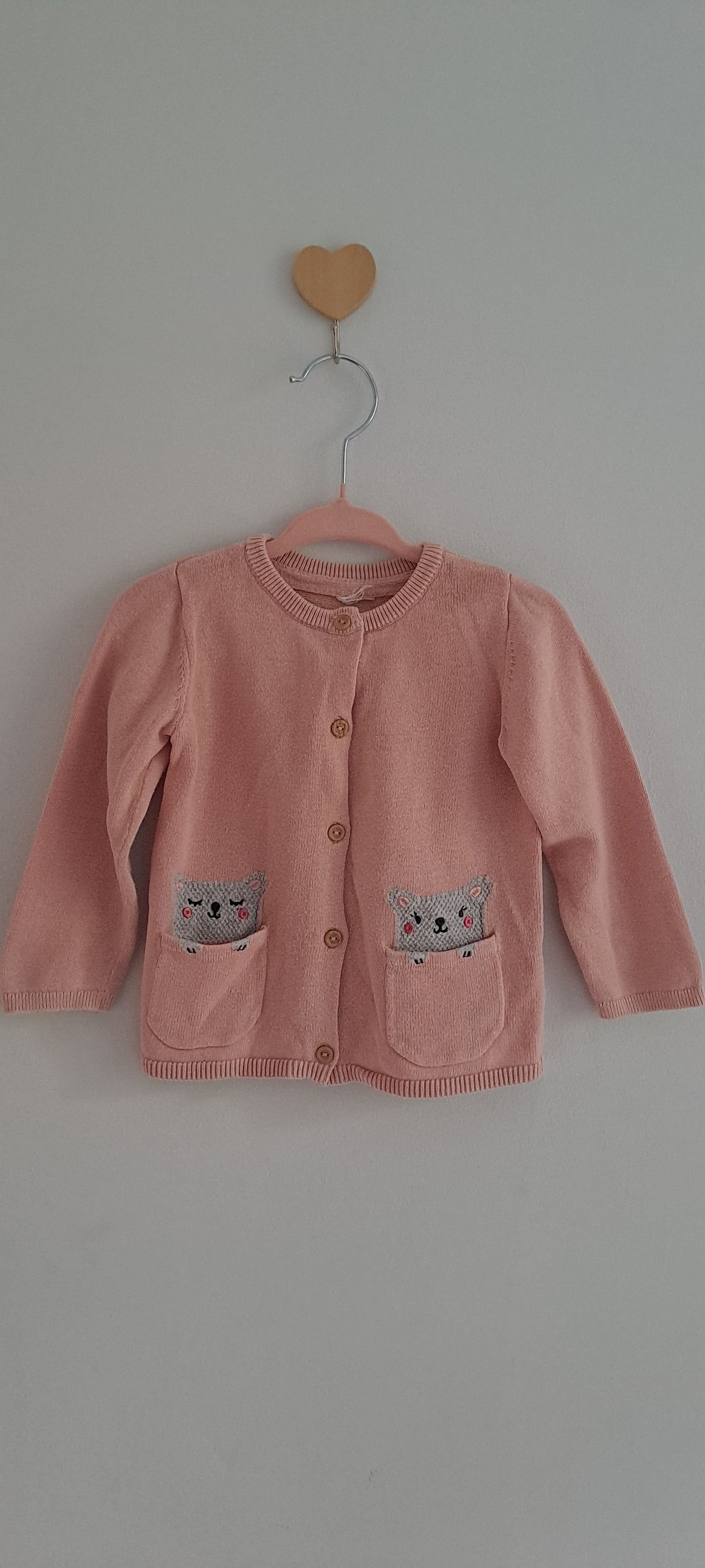 H&M Baby Girl Pink Knit Cardigan with Bear Pocket Detail 6-12 Months