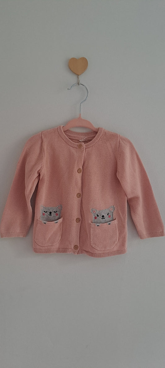 H&M Baby Girl Pink Knit Cardigan with Bear Pocket Detail 6-12 Months