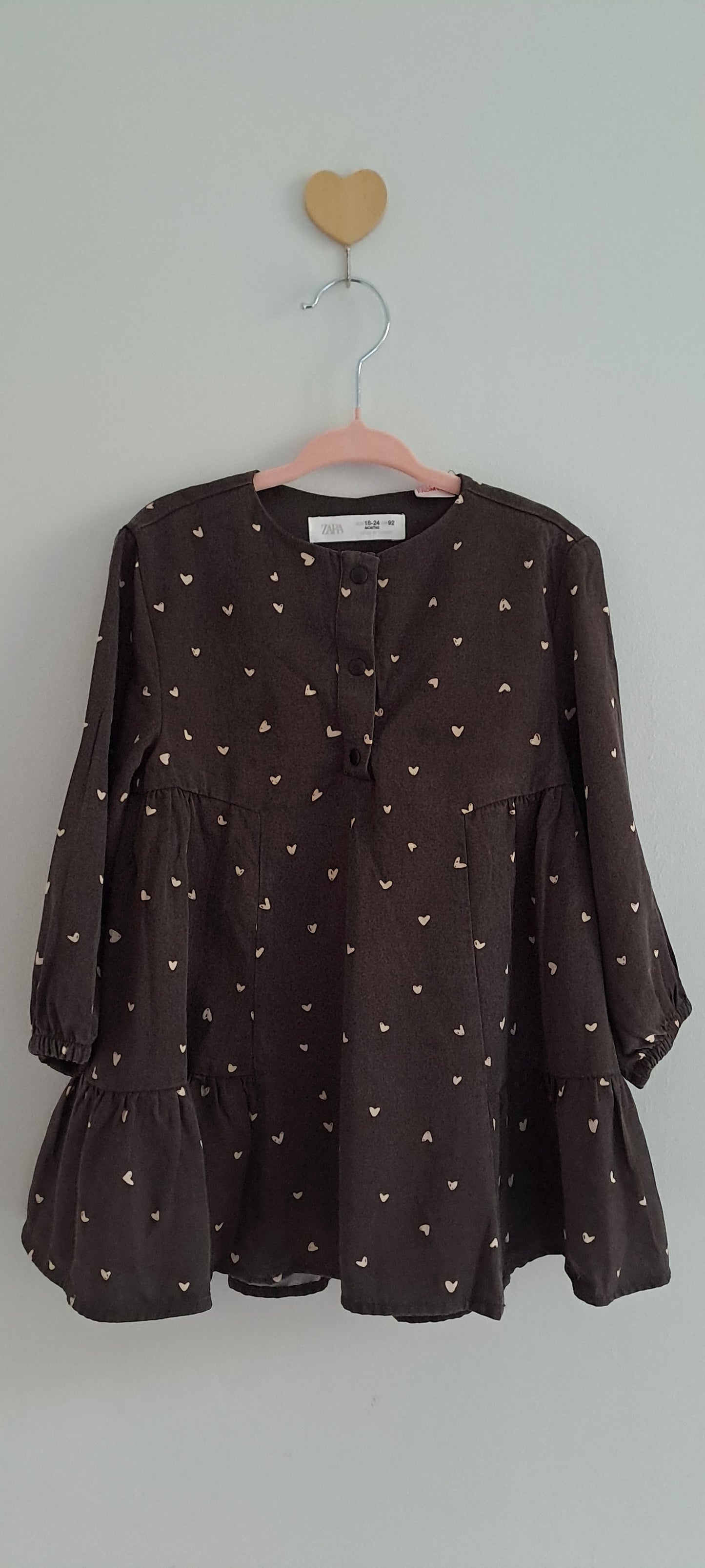 Zara Baby Girl Dark Brown Heart Print Tiered Dress 18-24 Months