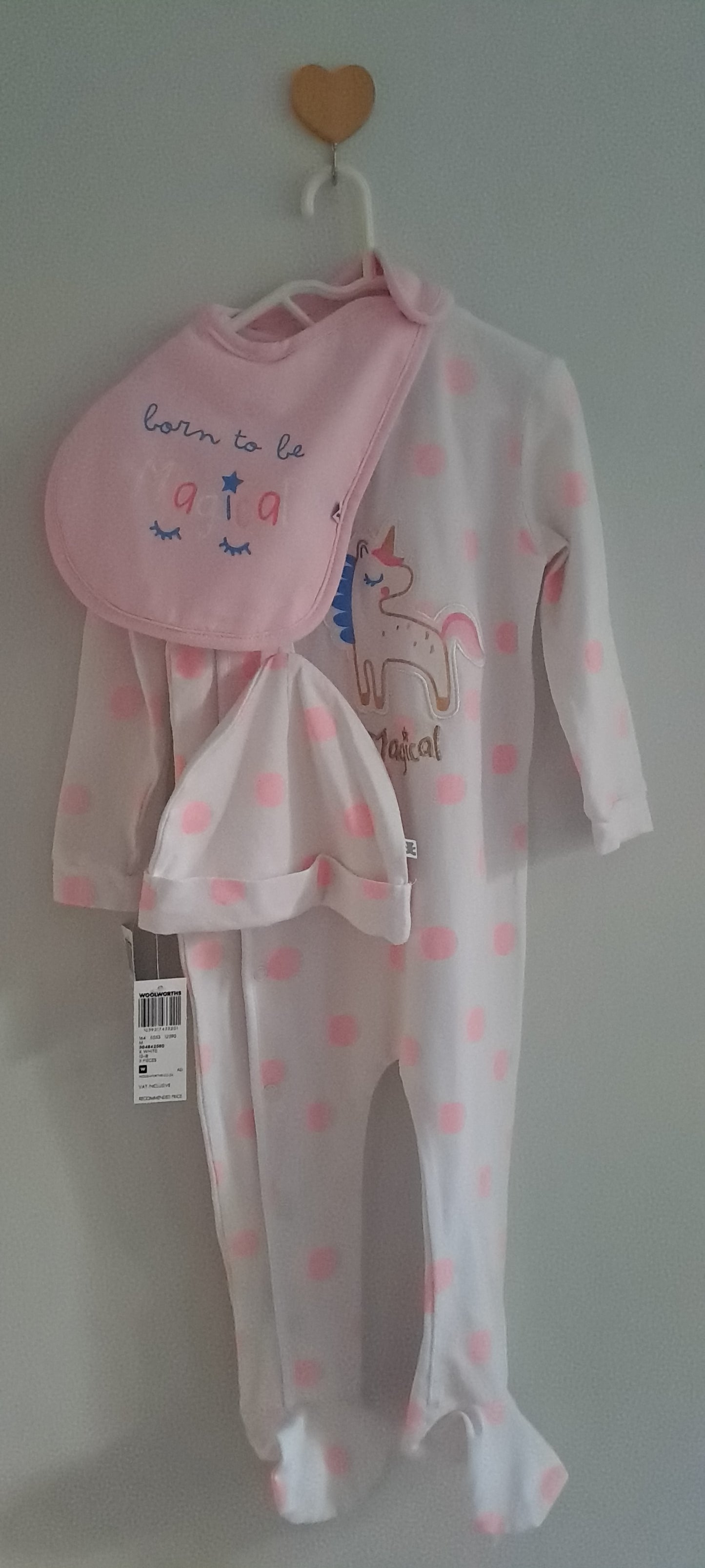 Woolworths "Magical" Unicorn Sleepsuit, Bib & Hat Set 12-18 Months