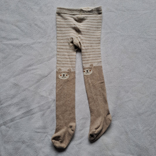 Zara Baby Bear Face Ribbed Tights – Oatmeal & Cream Stripe 2-3 Years
