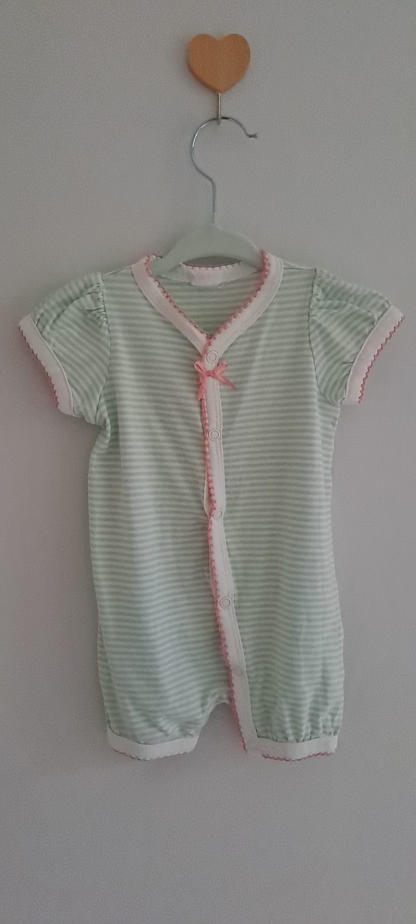 H&M Sage Green Striped Cotton Romper – Pink Scalloped Trim 3-6 Months