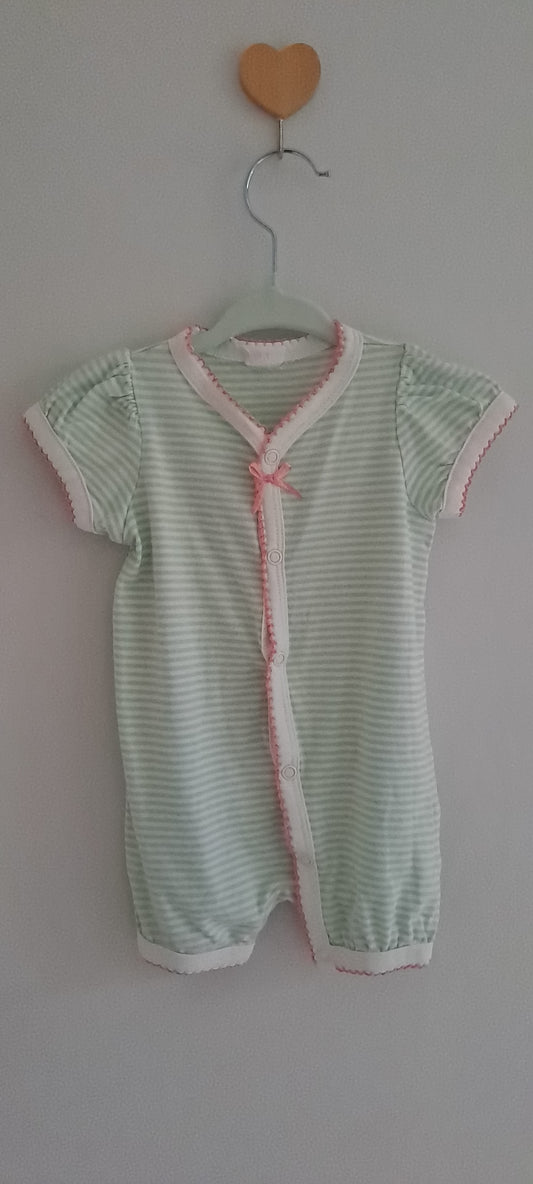 H&M Sage Green Striped Cotton Romper – Pink Scalloped Trim 3-6 Months