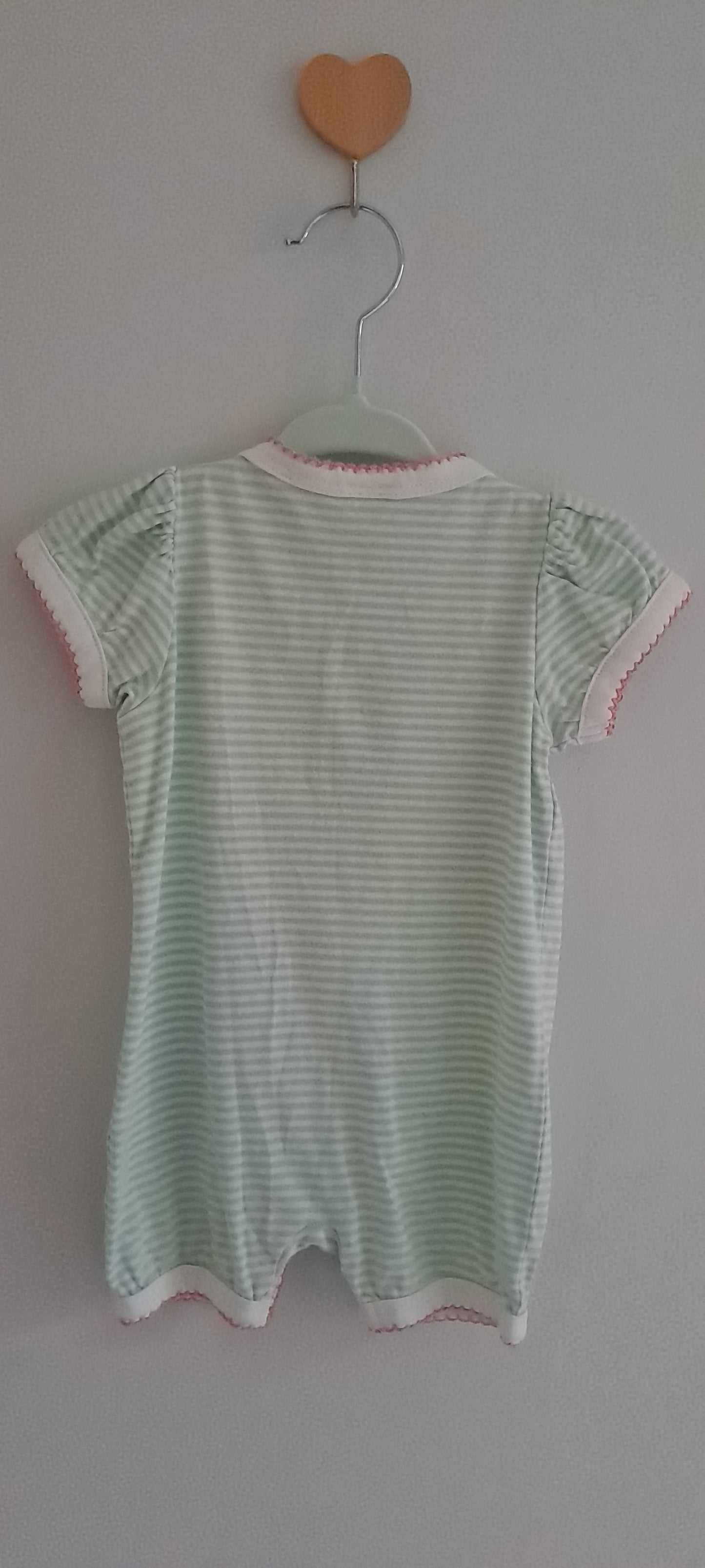 H&M Sage Green Striped Cotton Romper – Pink Scalloped Trim 3-6 Months