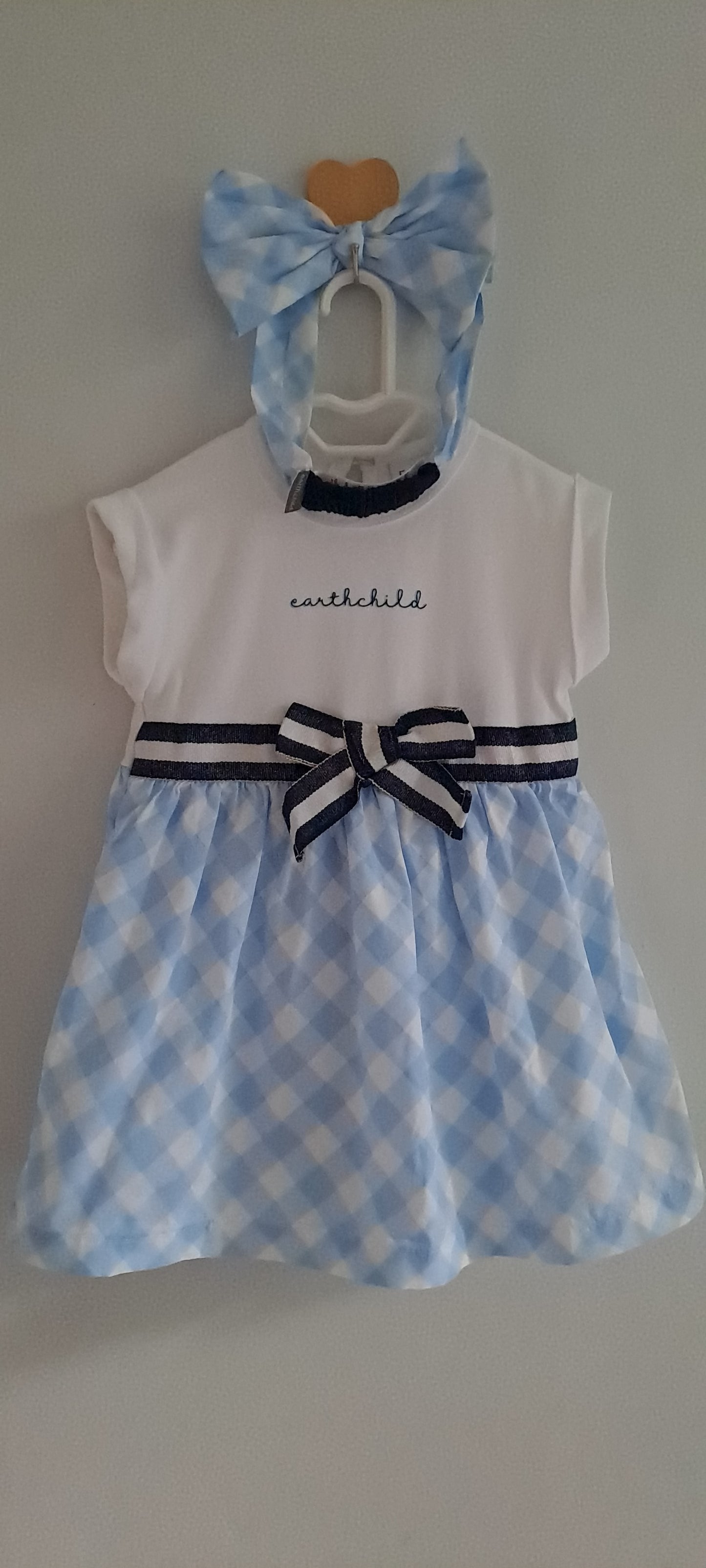 Earthchild Gingham Dress & Matching Headband Set – Blue 12-18 Months