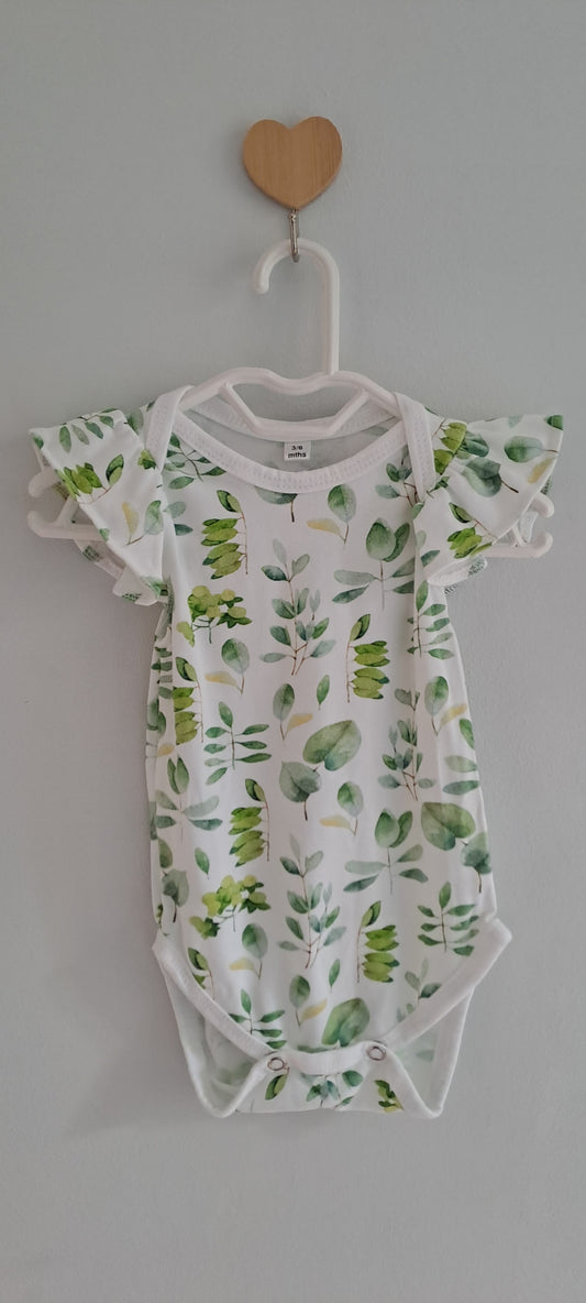 Baby Floral Ruffle Bodysuit – Botanical Green Print 3-6 Months