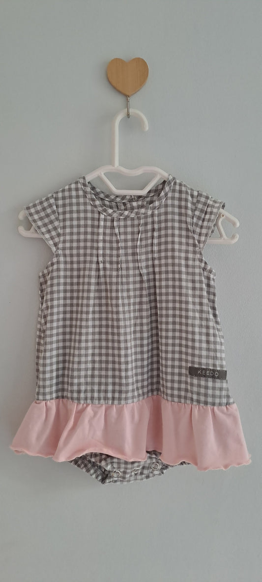 Keedo Gingham Dress Romper – Grey & Pink Ruffle 3-6 Months