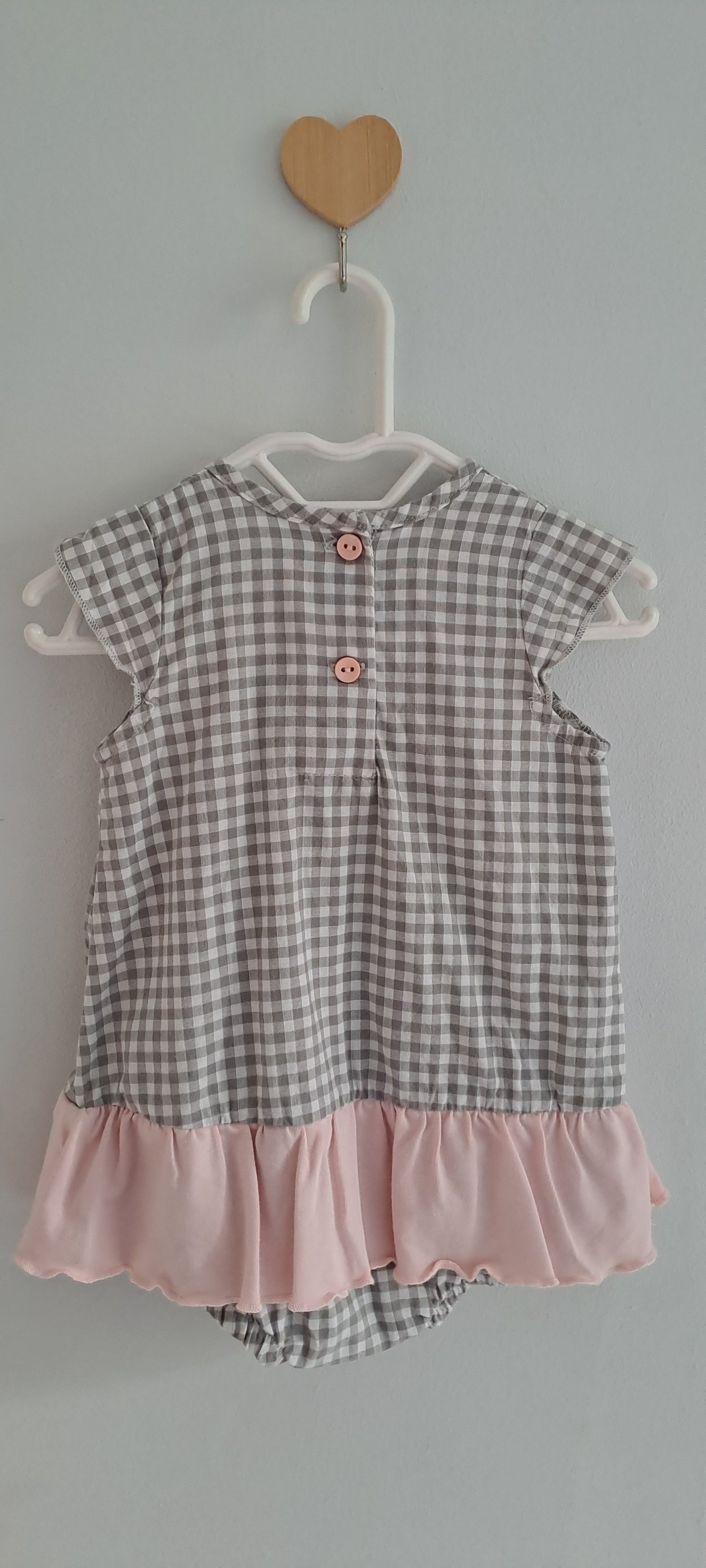 Keedo Gingham Dress Romper – Grey & Pink Ruffle 3-6 Months