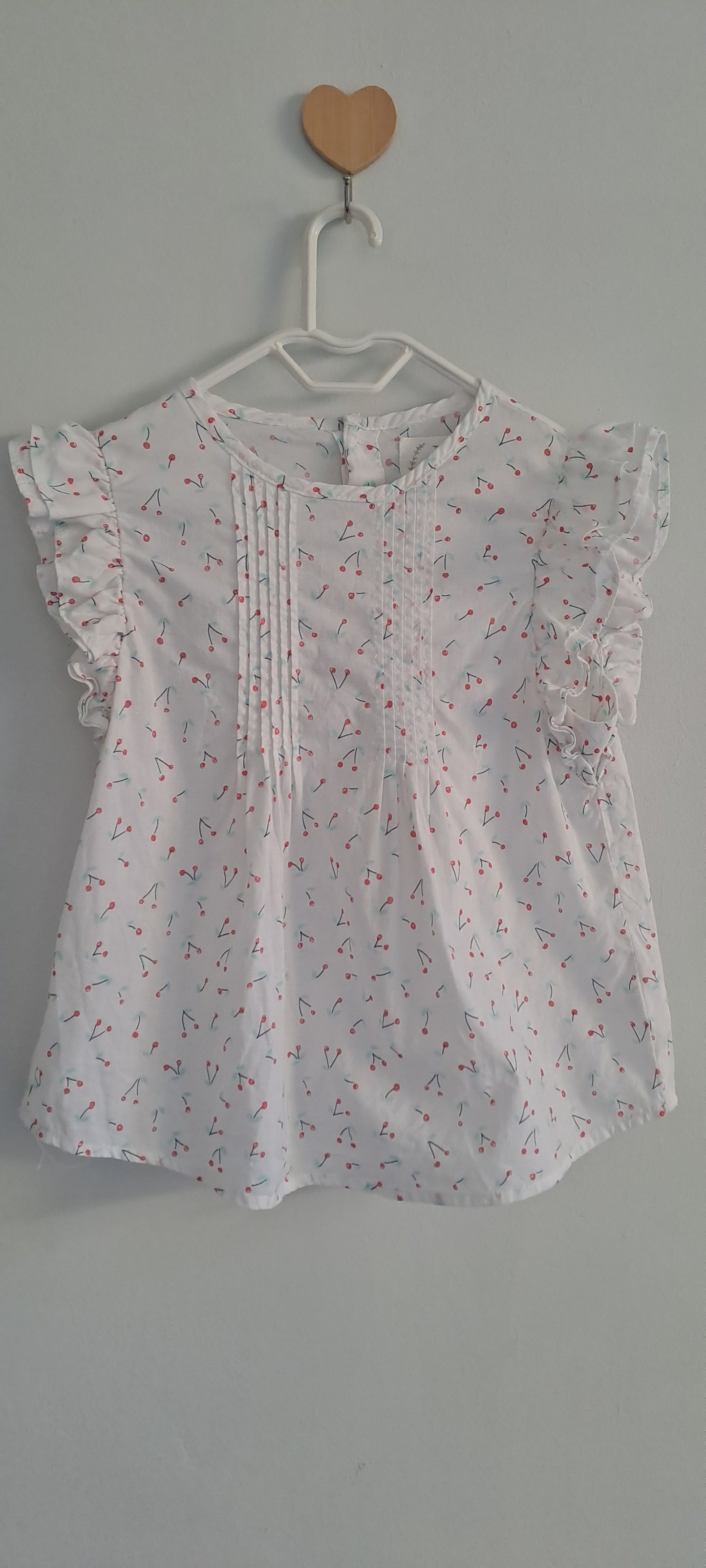Tex Basic Girl White Cherry Print Pintuck Ruffle Cotton Blouse 5-6 Years
