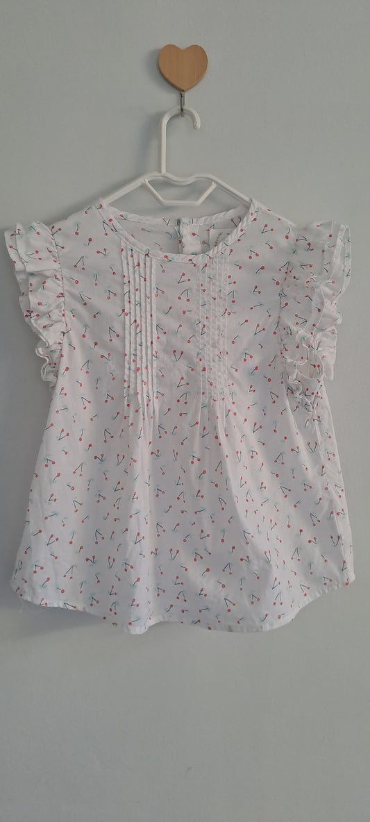 Tex Basic Girl White Cherry Print Pintuck Ruffle Cotton Blouse 5-6 Years