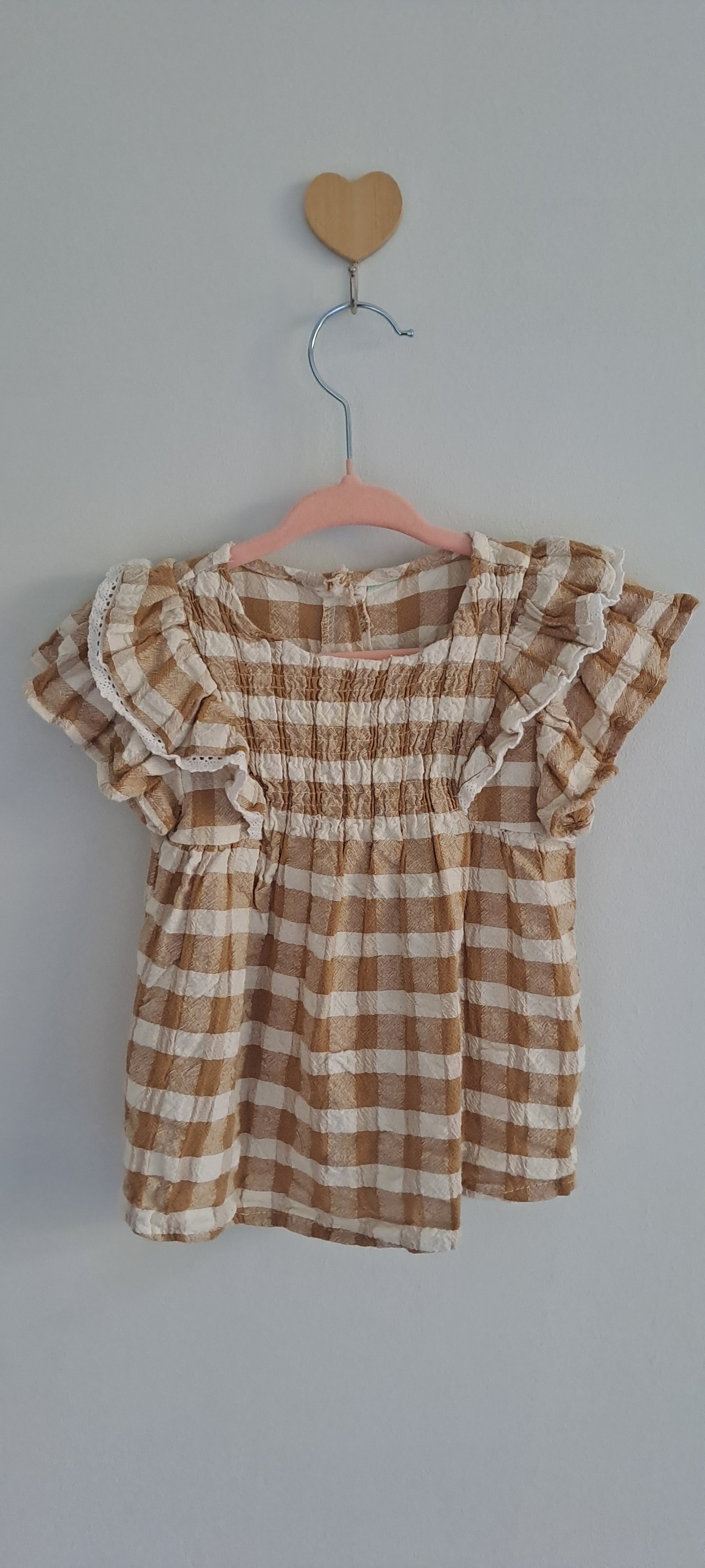 Caramel Gingham Smocked Textured Cotton Baby Dress with Scallop Lace Trim 12-18 Months