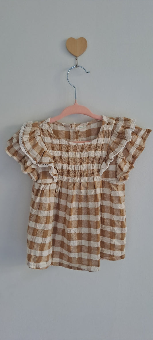 Caramel Gingham Smocked Textured Cotton Baby Dress with Scallop Lace Trim 12-18 Months