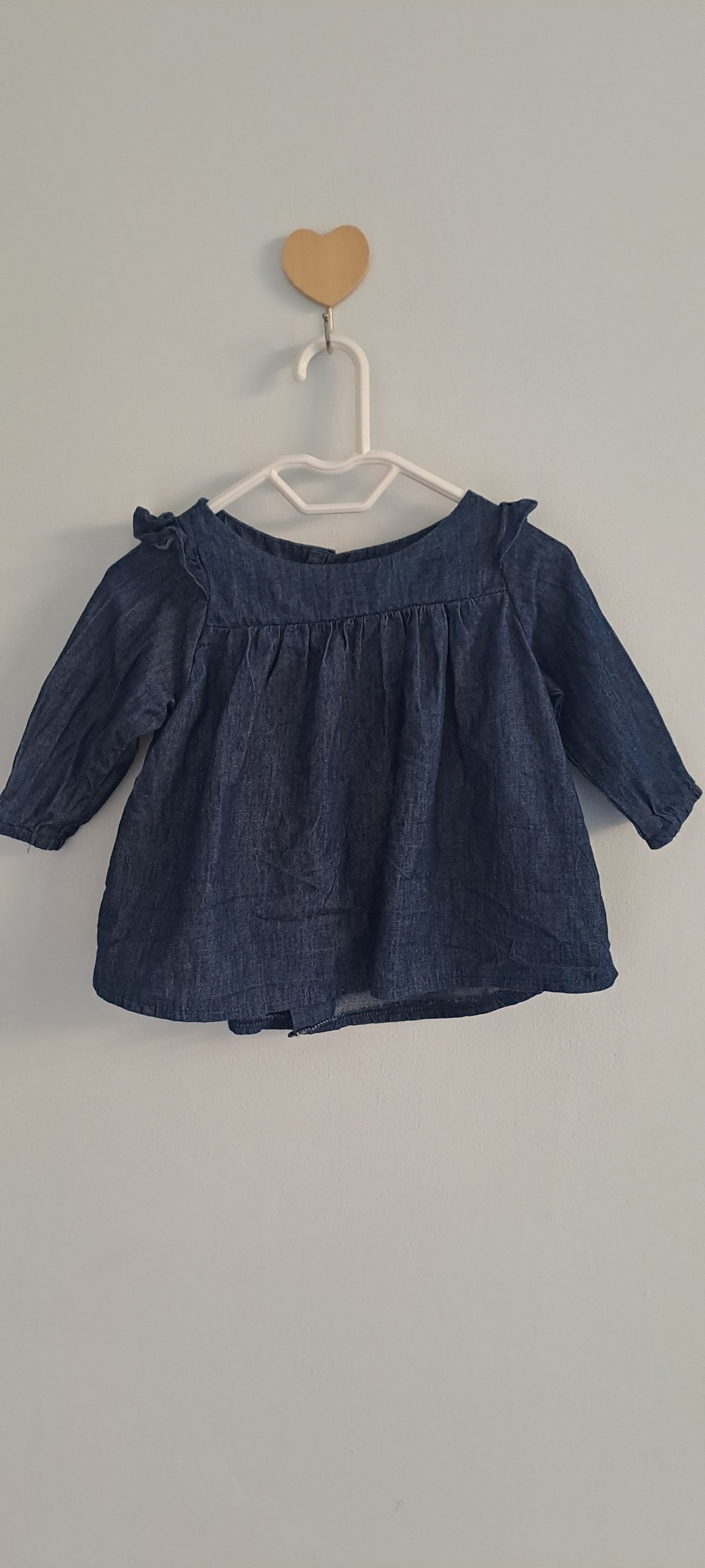 Soft Indigo Denim Ruffle Shoulder Long Sleeve Baby Dress 0-3 Months