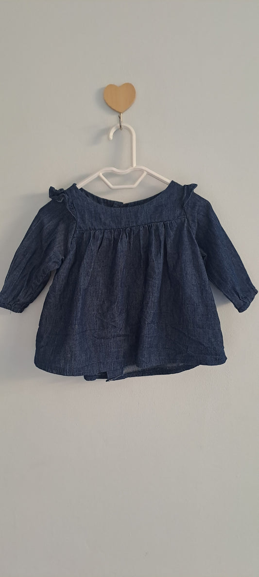 Soft Indigo Denim Ruffle Shoulder Long Sleeve Baby Dress 0-3 Months