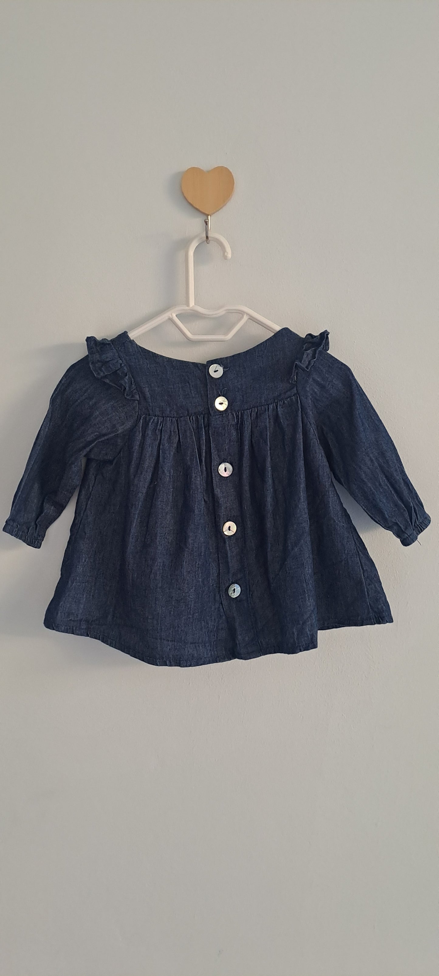 Soft Indigo Denim Ruffle Shoulder Long Sleeve Baby Dress 0-3 Months