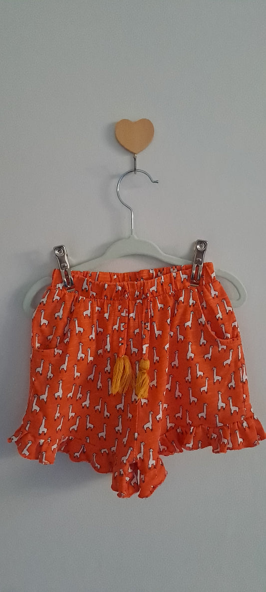 Next Toddler Girl Burnt Orange Llama Print Ruffle Hem Shorts 1.5-2 Years
